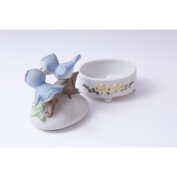 Two Birds, Couple, Ceramic, Oval Box, Floral Pattern, White, 4" Tall, Jewelry, - Picture 2 of 4